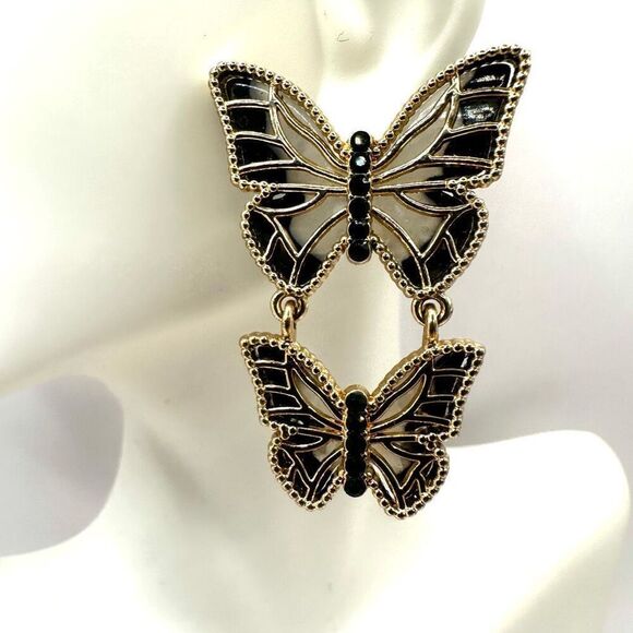 Double Butterfly Gold tone and black post drop earrings - Picture 2 of 8